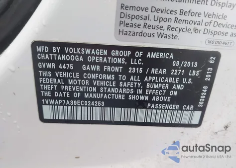 2014 Volkswagen Passat 2.5L S from USA, damaged, VIN 1VWAP7A39EC024253